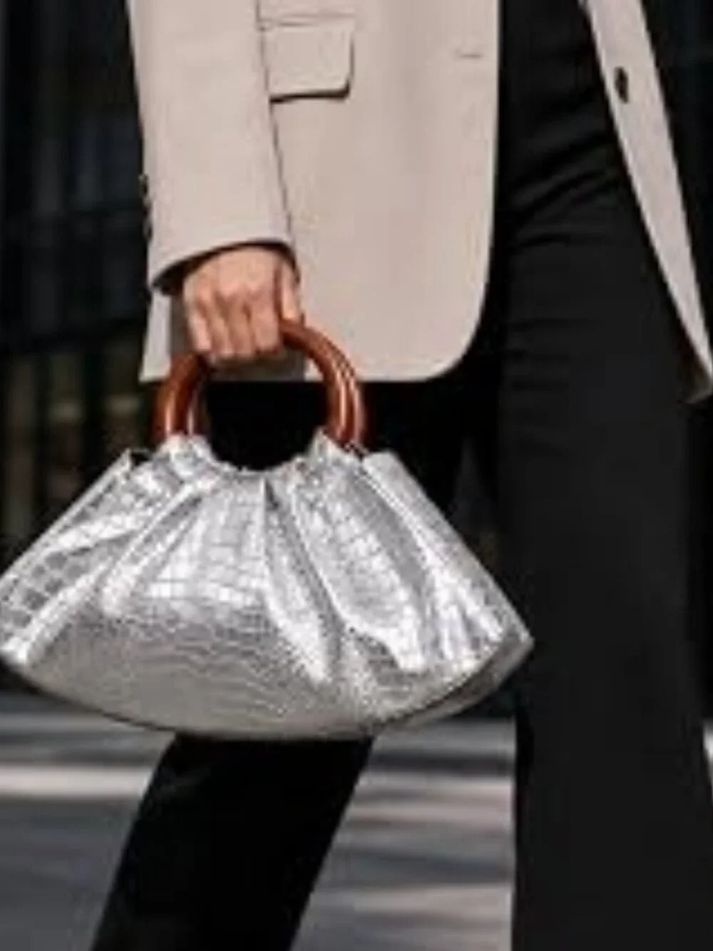 Neiman Marcus Ruched Croco Silver Puffy PU Leather Handbag